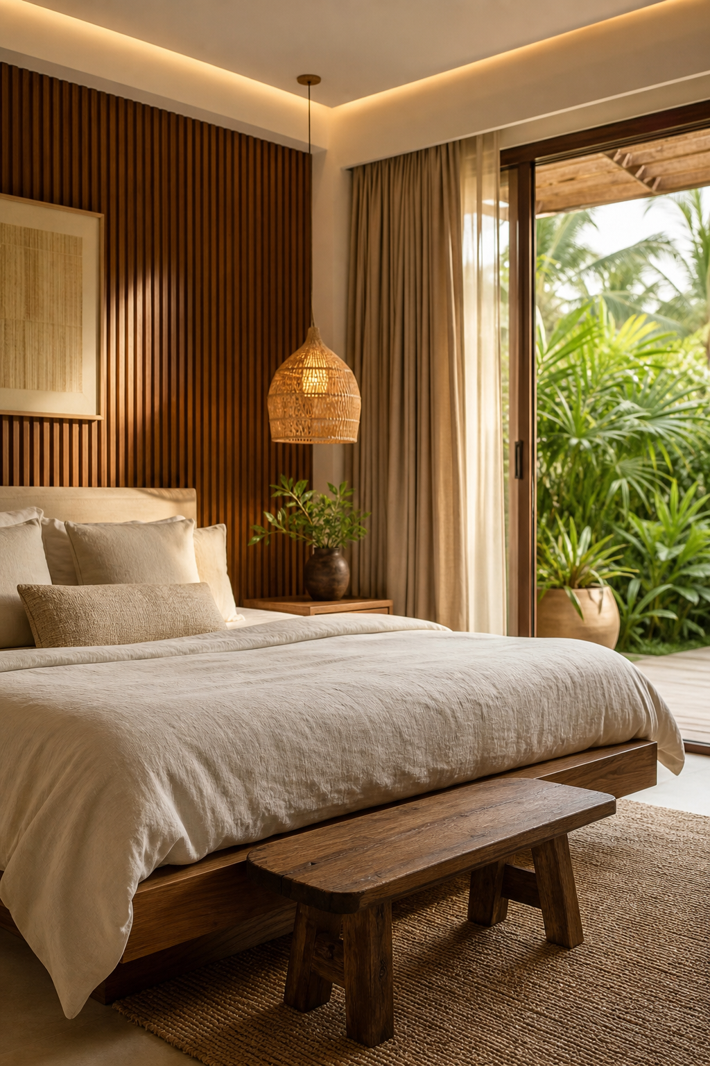 Kamar utama dengan dinding panel kayu setelah renovasi